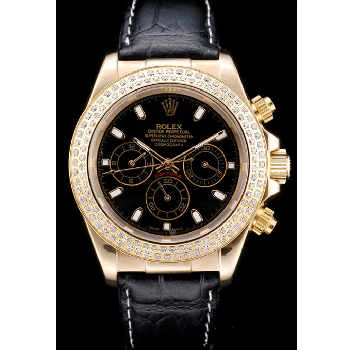 MiroTime 0716 Rolex Daytona Gold Case Crystal Studded Bezel Black Dial